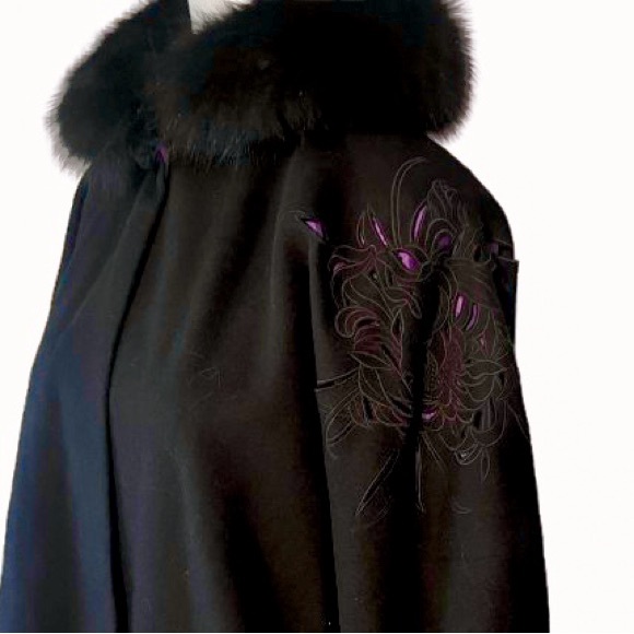 Kimono Wool Fur Cape Glamorous Jacket Black Purple Jacket Floral Vintage Large - Picture 10 of 16